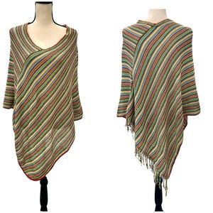 RELAIS KNITWEAR MULTICOLOR STRIPED KNIT PONCHO WITH FRINGE